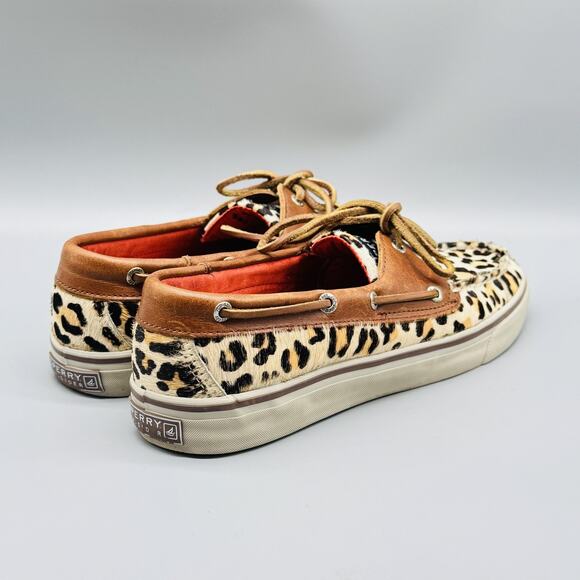 Sperry Shoes Women 7.5 Brown Leather Calf Hair Top Sider Leopard Print Boat Deck - Picture 9 of 13